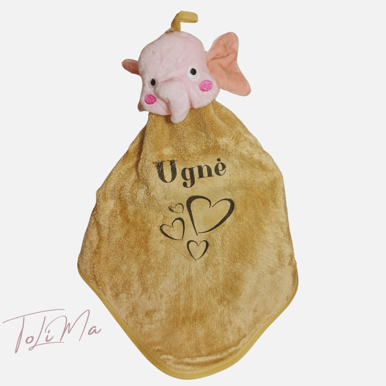 Kreminės spalvos mikropluošto rankšluostukas drambliukas su personalizuota spauda