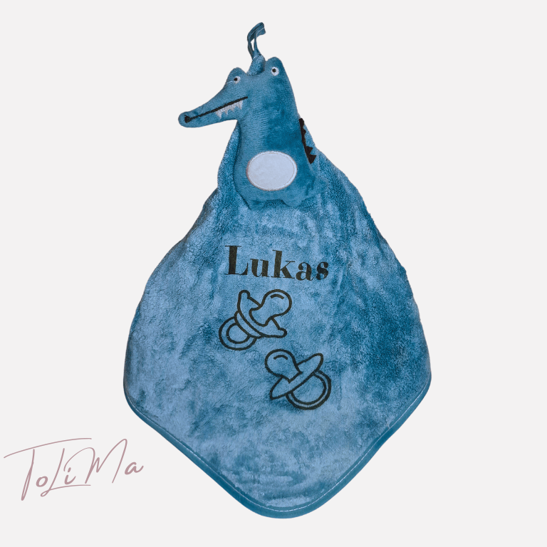 Violetinės spalvos mikropluošto rankšluostukas krokodiliukas su spauda